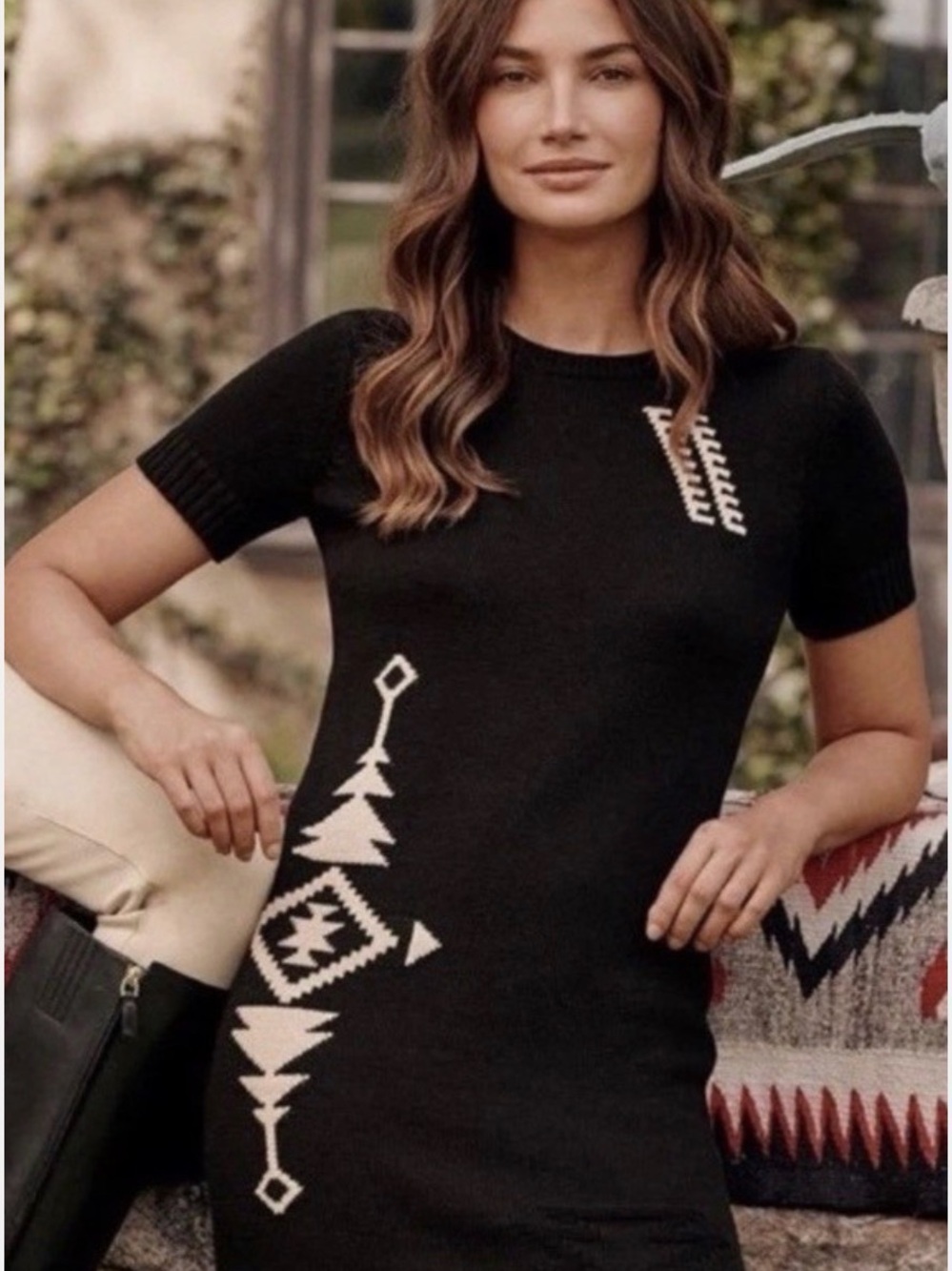 NWT Ralph Lauren Black Knit Short-Sleeve Aztec Patterned Knee Length Dress